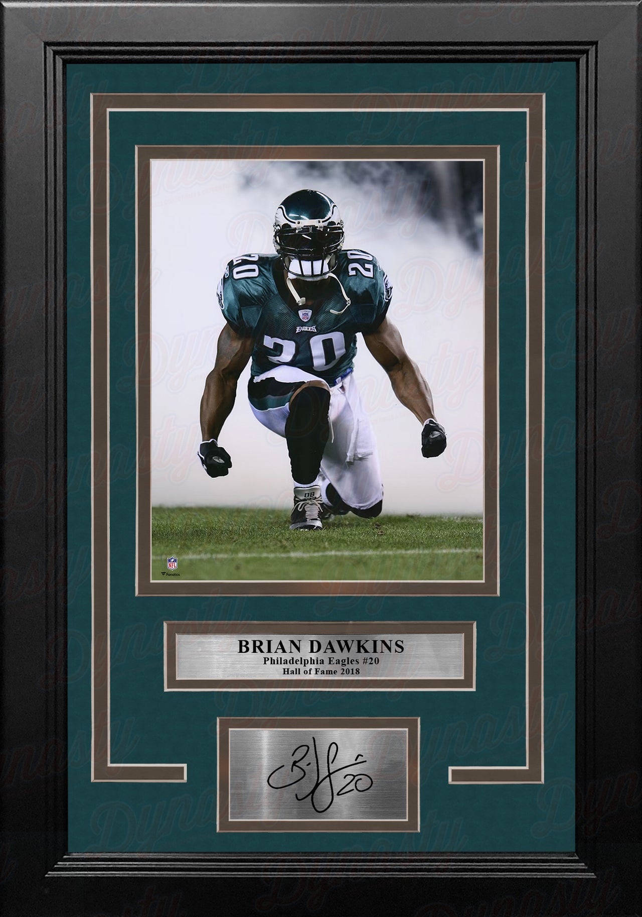 Brian Dawkins Kneeling Smoke Philadelphia Eagles 8x10 Framed Football Photo with Engraved Autograph