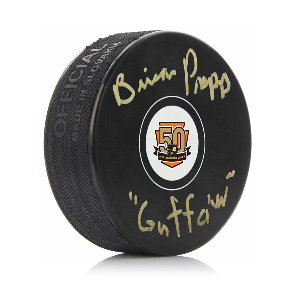 Brian Propp Autographed Philadelphia Flyers Hockey 50th Anniversary Logo Puck Inscribed "Guffaw"