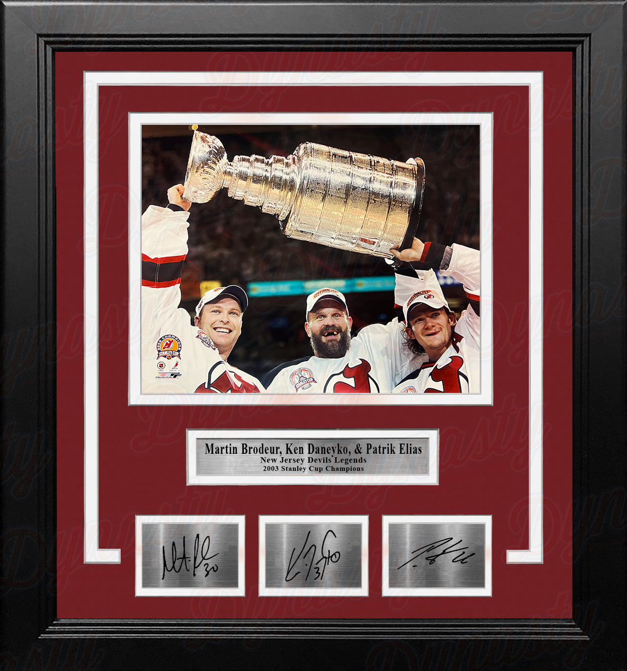 Martin Brodeur, Ken Daneyko, Patrik Elias New Jersey Devils 8x10 Framed Hockey Photo with Engraved Autographs