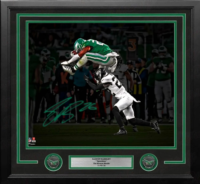 Saquon Barkley Reverse Hurdle Autographed Eagles 16x20 Framed Photo