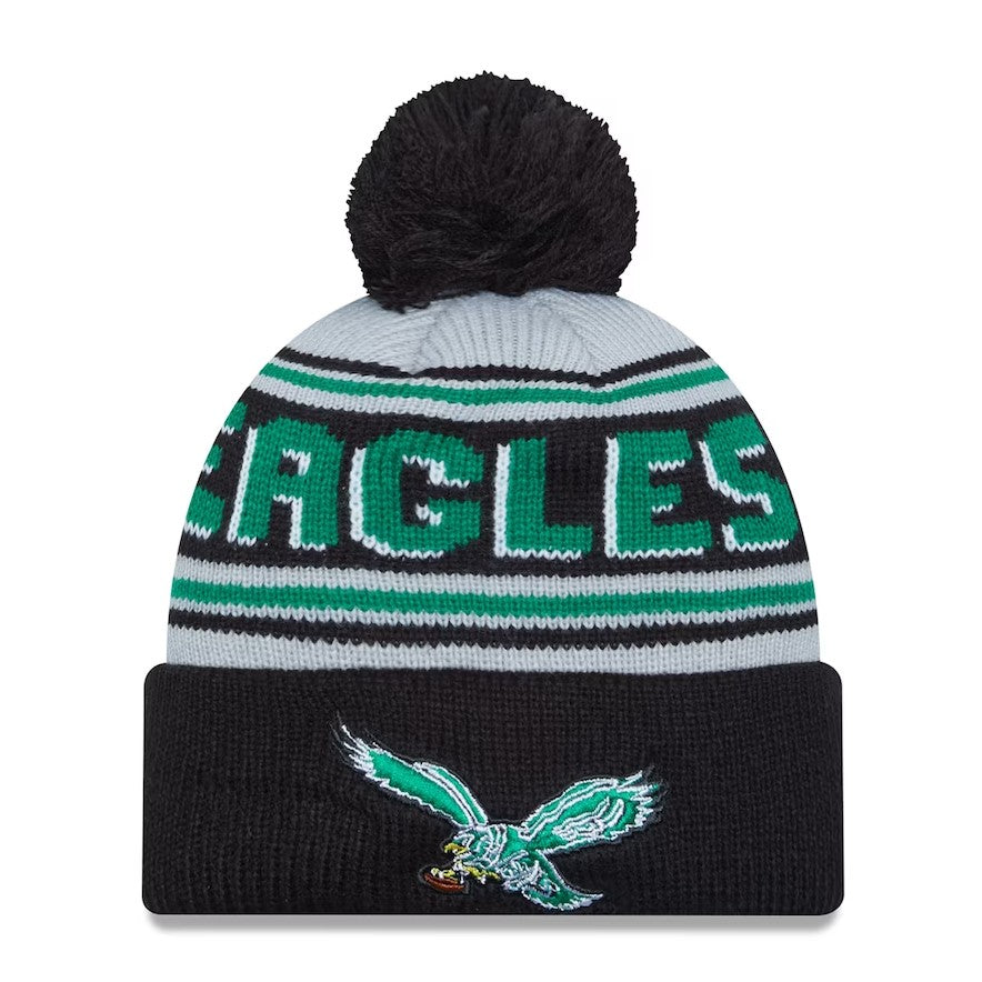 Philadelphia Eagles New Era Throwback Main Cuffed Knit Hat with Pom - Black