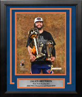 Jalen Brunson Posing with Trophies New York Knicks 8x10 2026 NBA Champions Framed Basketball Photo