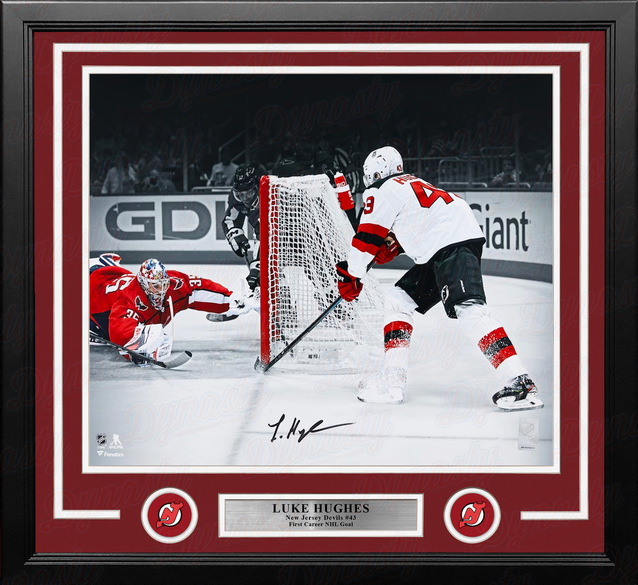 Luke Hughes First NHL Goal New Jersey Devils Autographed 16x20 Framed Spotlight Photo