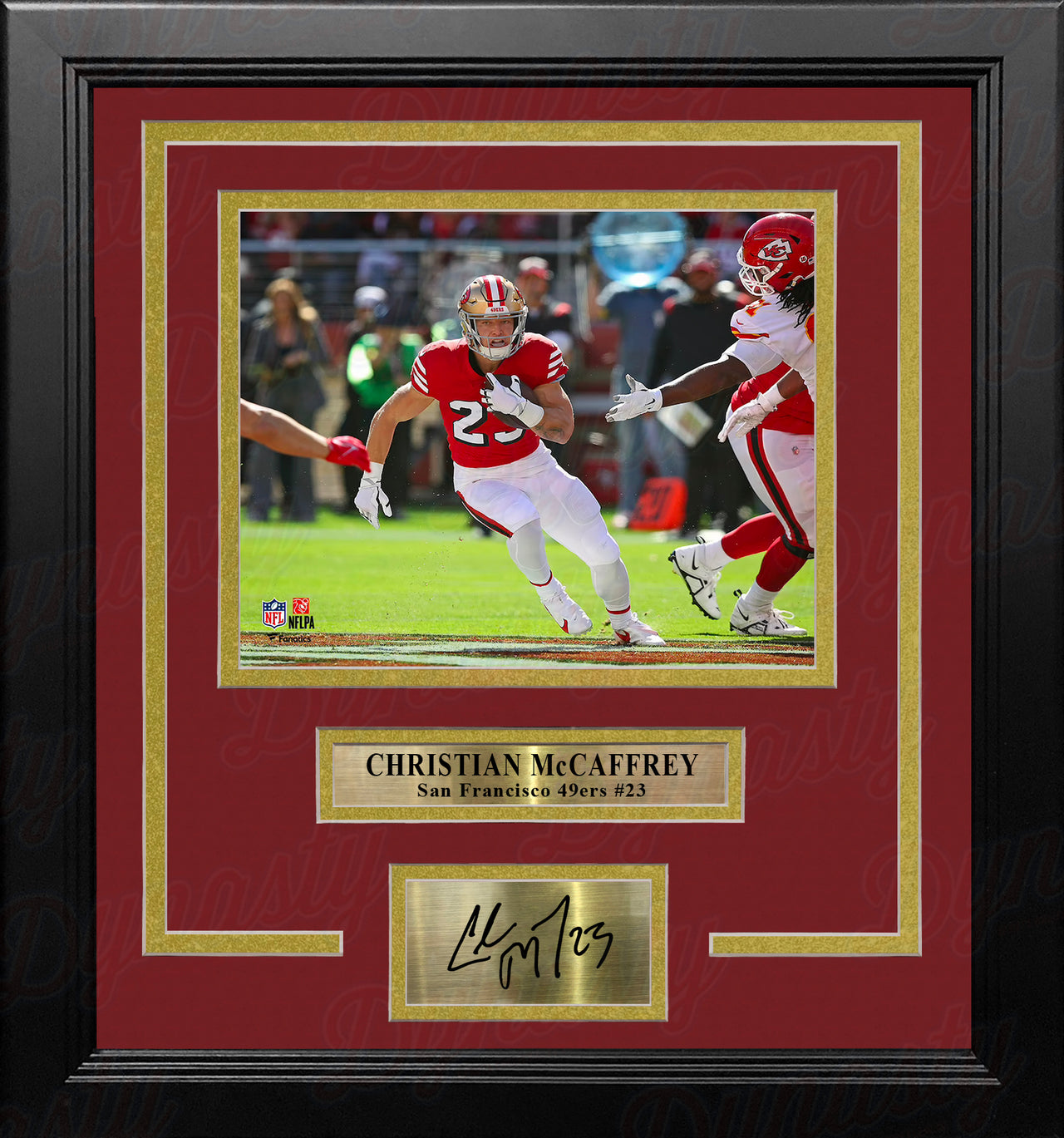 Christian McCaffrey in Action San Francisco 49ers 8x10 Framed Football Photo with Engraved Autograph