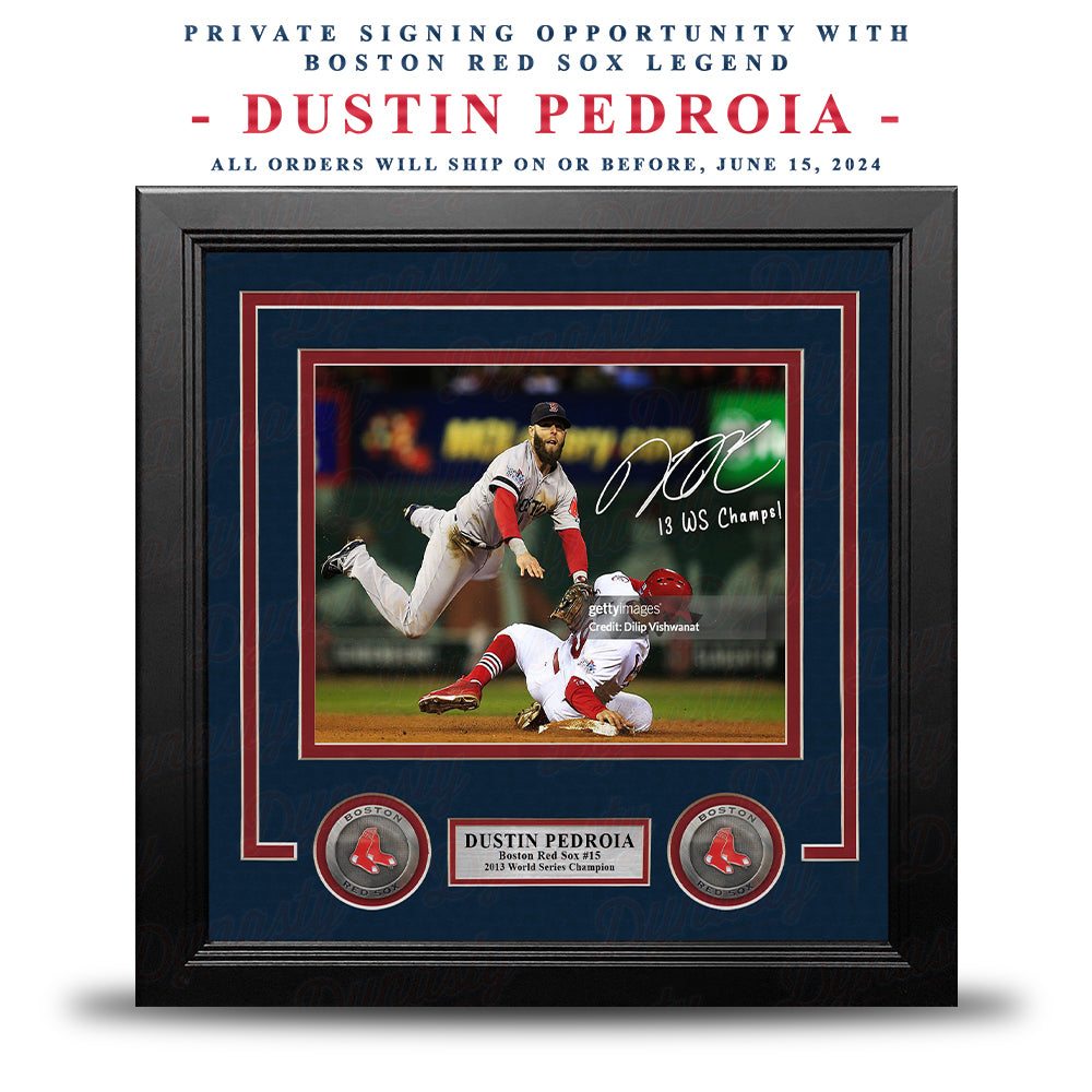 Dustin Pedroia Autographed 2013 World Series Action Framed Photo | Pre-Sale Opportunity