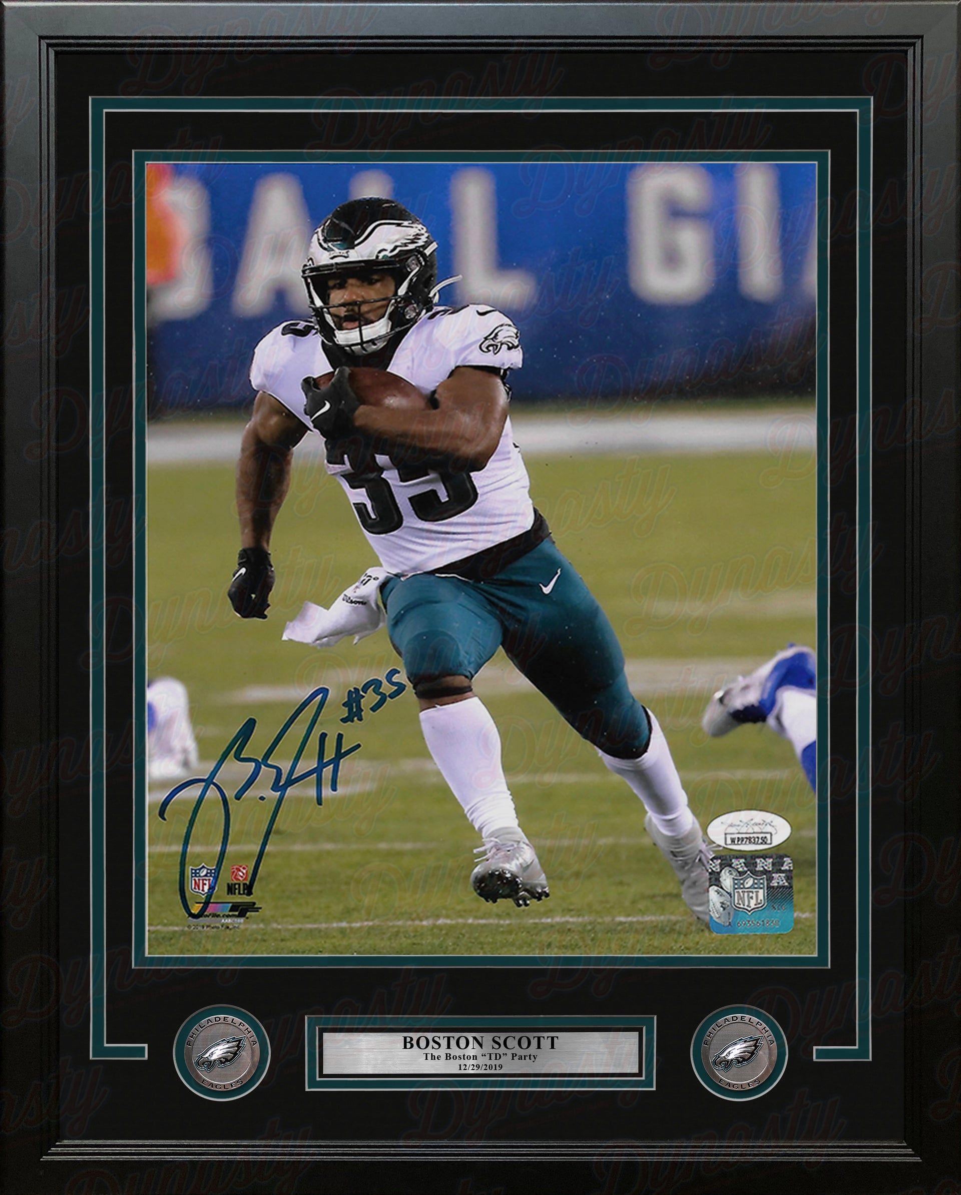 Boston Scott in Action v. New York Giants Philadelphia Eagles Autographed Framed Football Photo - Dynasty Sports & Framing