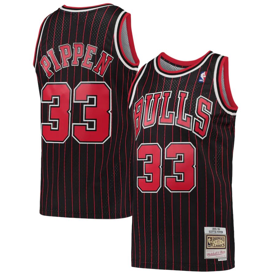 Framed Scottie Pippen Chicago Bulls Autographed Black Mitchell & Ness  1995-1996 Pinstripe Swingman Jersey