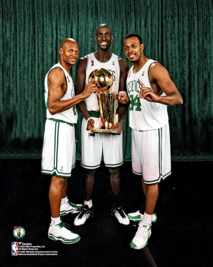 Kevin Garnett Paul Pierce & Ray Allen Boston Celtics Unsigned Hardwood  Classics 2007 Press Conference Team Introduction Photograph