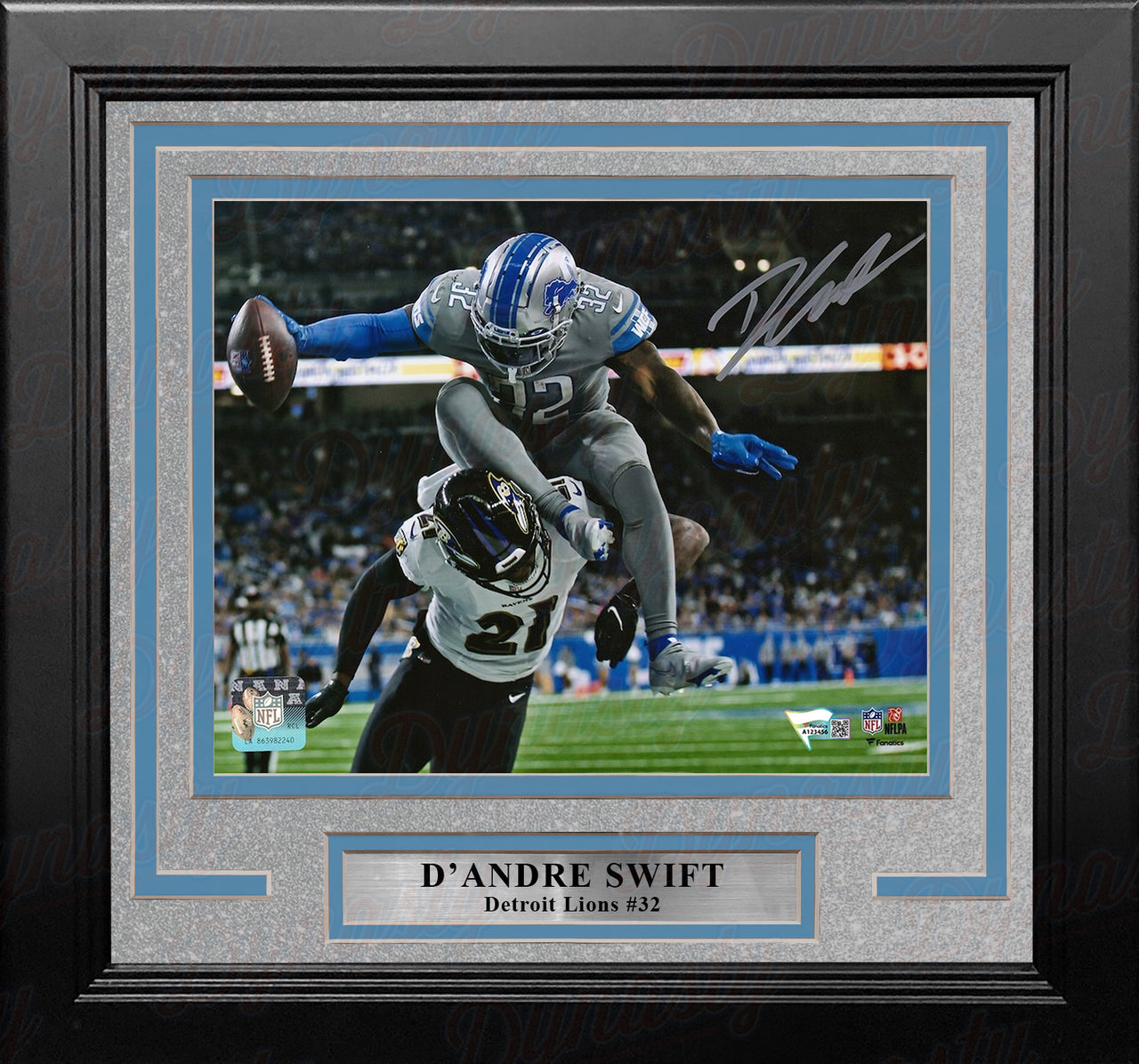 D'Andre Swift Hurdle Detroit Lions Autographed 8" x 10" Framed Football Photo - Dynasty Sports & Framing 
