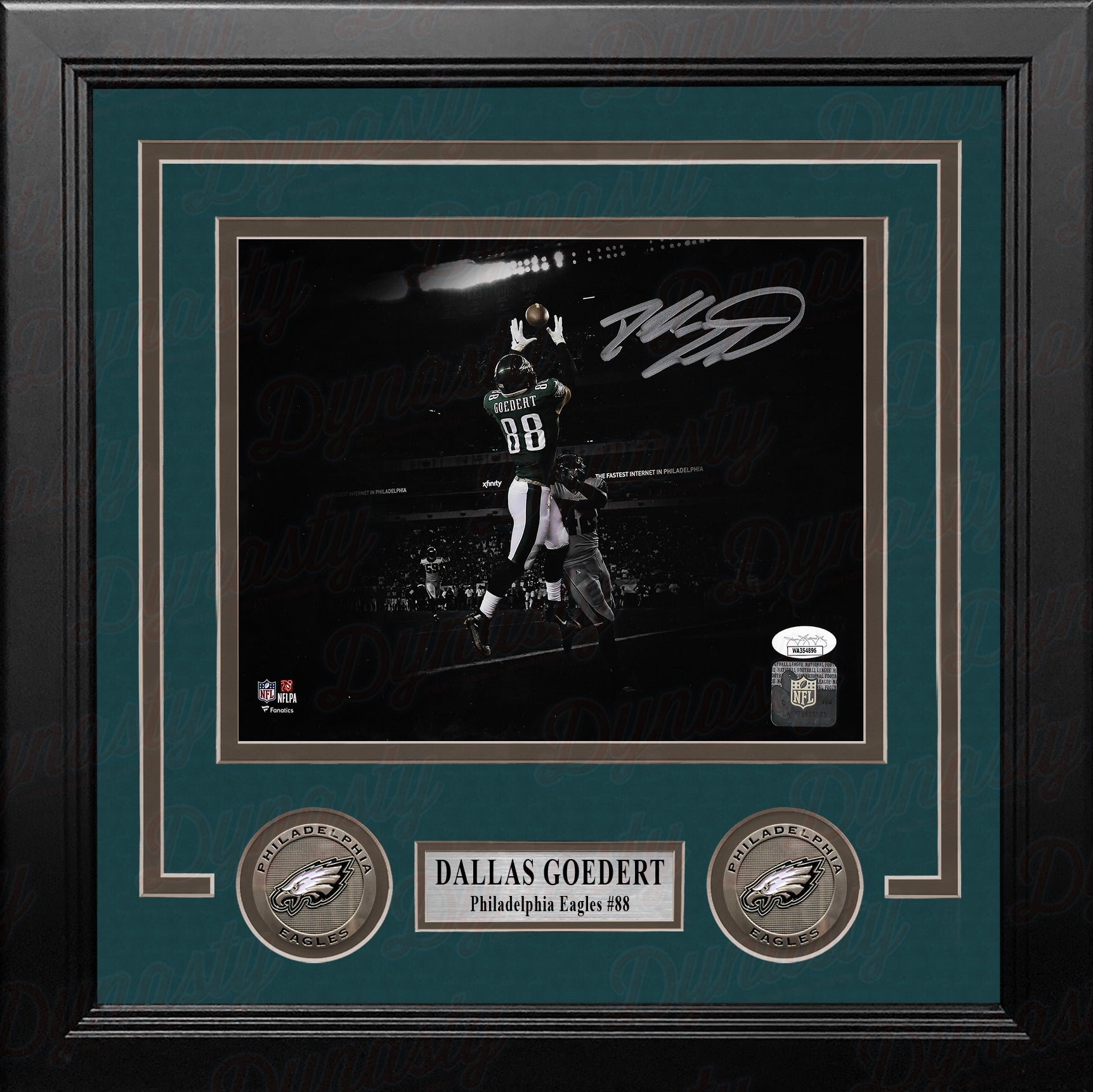 Dallas Goedert End Zone Touchdown Philadelphia Eagles Autographed Framed Blackout Football Photo - Dynasty Sports & Framing