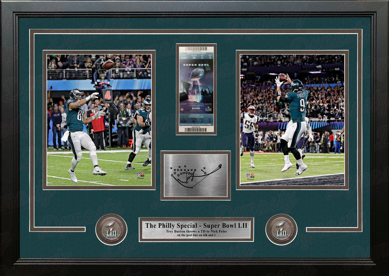The Philly Special Eagles Super Bowl LII Collage with Engraved Play and Ticket 28x18 Framed Panorama - Dynasty Sports & Framing 