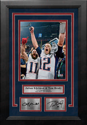 Julian Edelman & Tom Brady Super Bowl LIII Patriots 8x10 Framed Photo with Engraved Autographs - Dynasty Sports & Framing