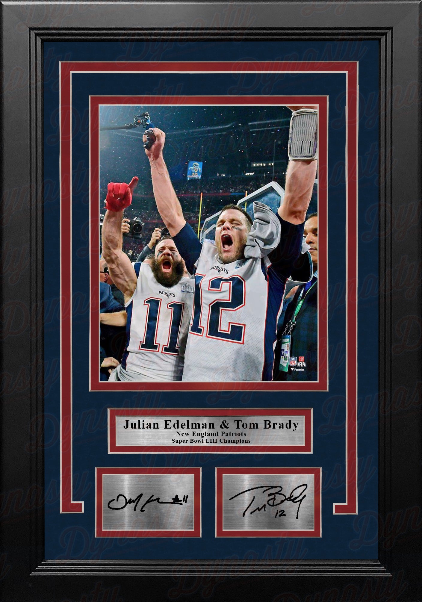 Julian Edelman & Tom Brady Super Bowl LIII Patriots 8x10 Framed Photo with Engraved Autographs - Dynasty Sports & Framing
