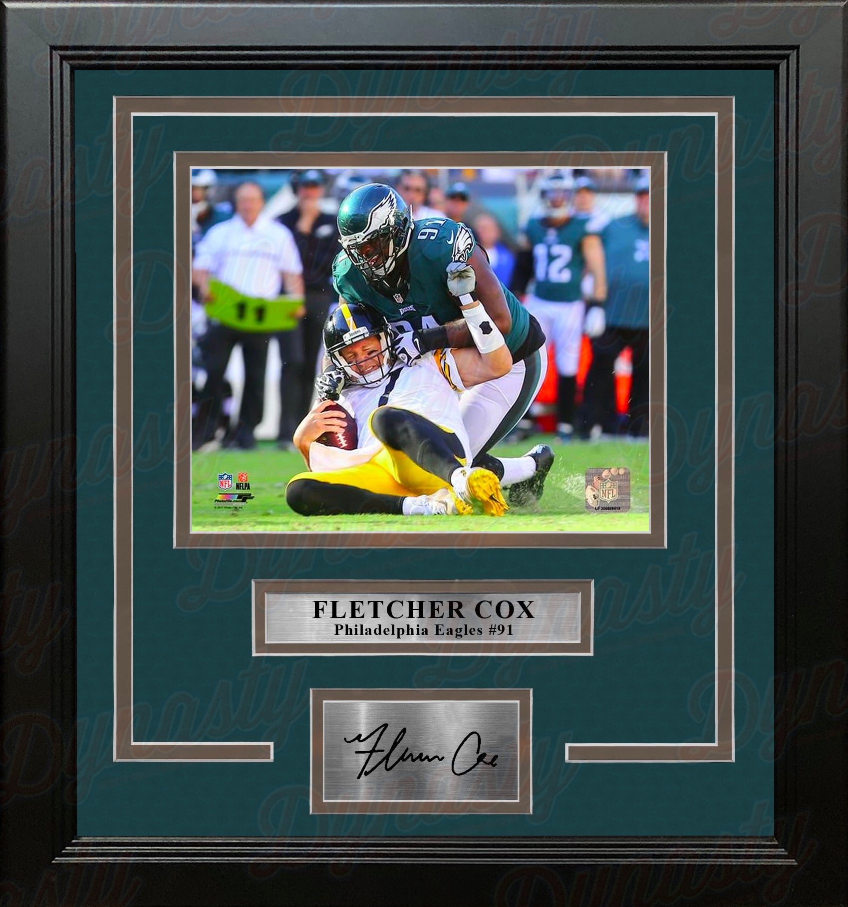 Fletcher Cox Sacks Roethlisberger Philadelphia Eagles Framed Football Photo with Engraved Autograph - Dynasty Sports & Framing