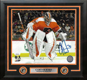 Carter Hart Philadelphia Flyers Jump Autographed NHL Hockey Framed and Matted Photo - Dynasty Sports & Framing