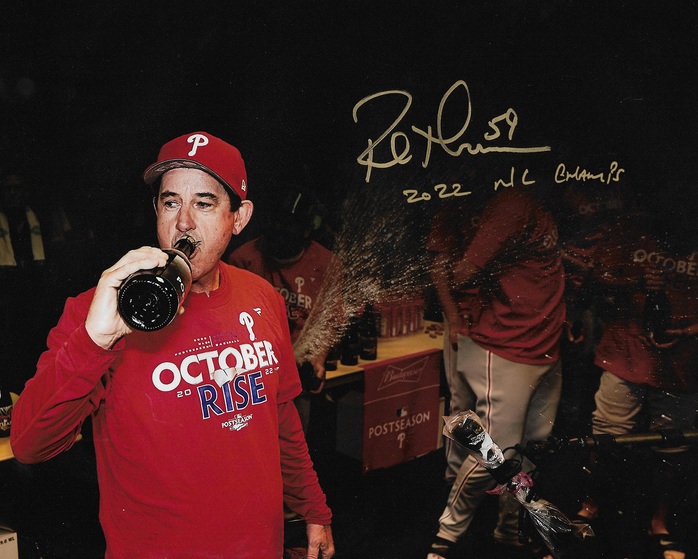 Rob Thomson 2022 NL Champions Locker Room Philadelphia Phillies Autographed 16x20 Photo (NL Champs) - Dynasty Sports & Framing