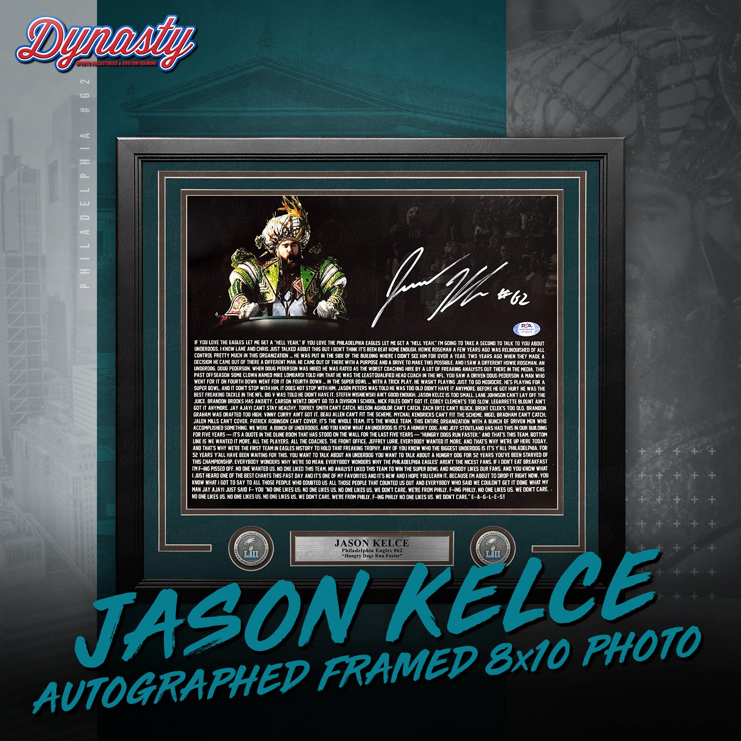 Jason Kelce Autographed Parade Speech Text Framed Photo | Pre-Sale Opportunity - Dynasty Sports & Framing 