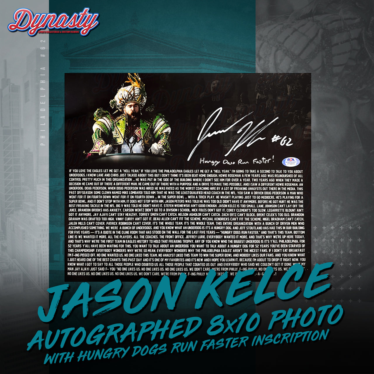 Jason Kelce Autographed Parade Speech Text Photo | Pre-Sale Opportunity - Dynasty Sports & Framing 
