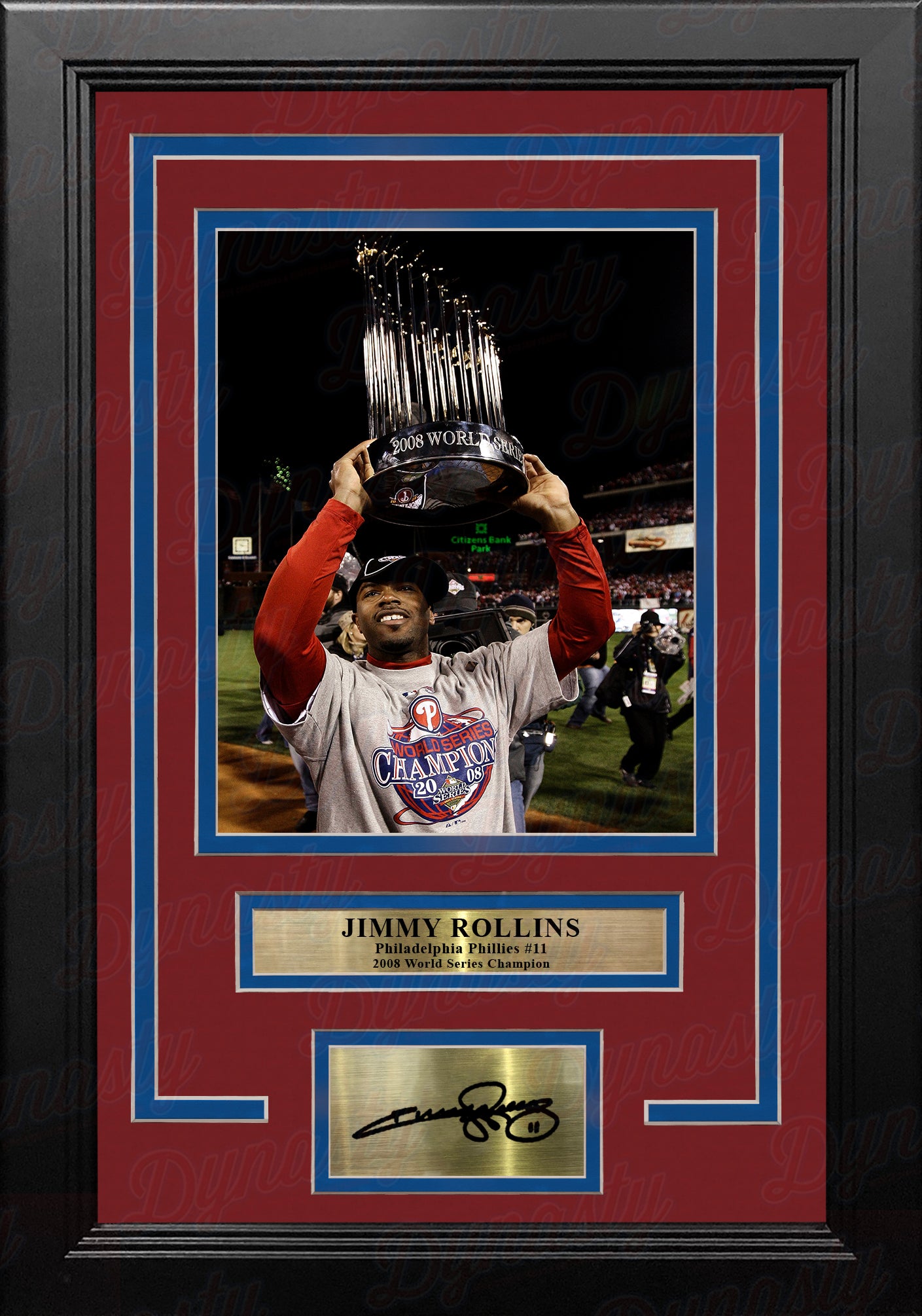 Jimmy Rollins 2008 World Series Trophy Philadelphia Phillies Framed Photo  with Engraved Autograph