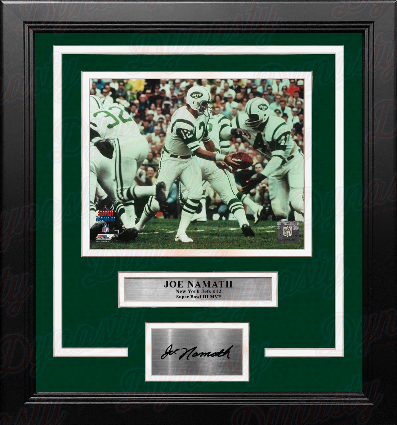 Joe Namath Super Bowl III Action New York Jets 8x10 Framed Football Photo with Engraved Autograph - Dynasty Sports & Framing 
