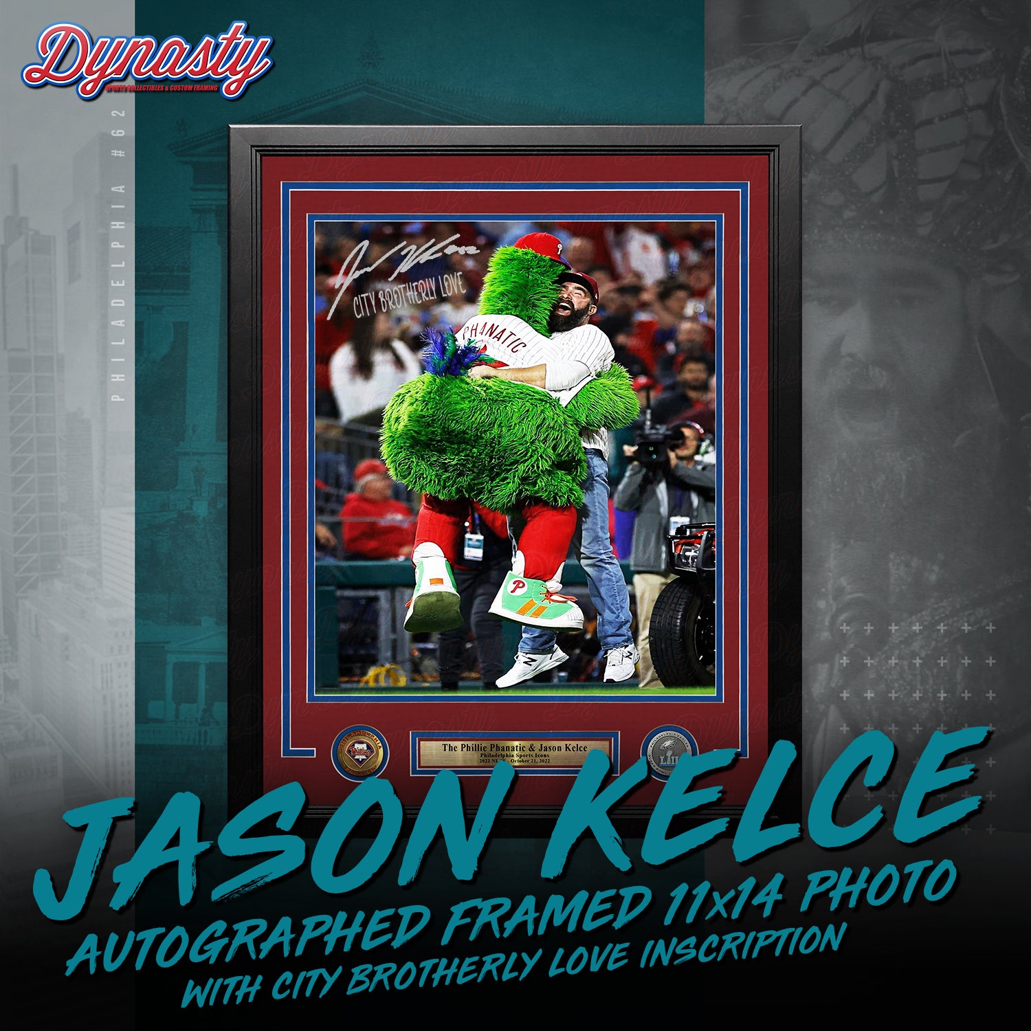 Jason Kelce Celebrates with The Phillie Phanatic NLCS Autographed Framed Photo | Pre-Sale Opportunity - Dynasty Sports & Framing 