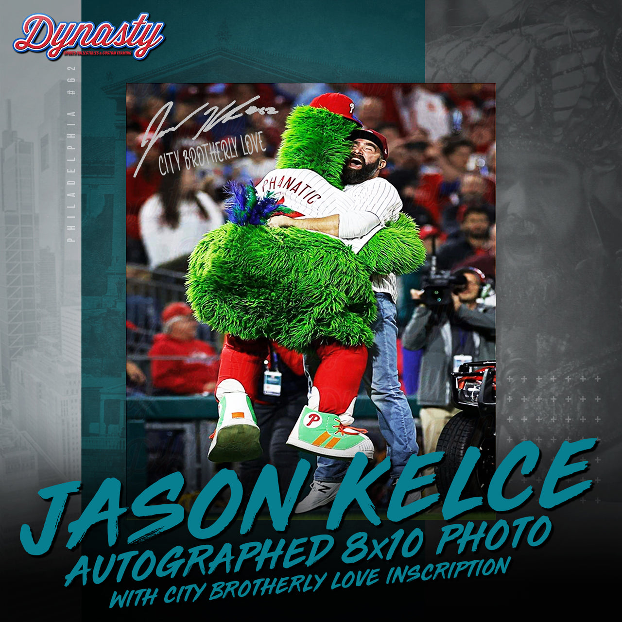 Jason Kelce Celebrates with The Phillie Phanatic NLCS Autographed Photo | Pre-Sale Opportunity - Dynasty Sports & Framing 