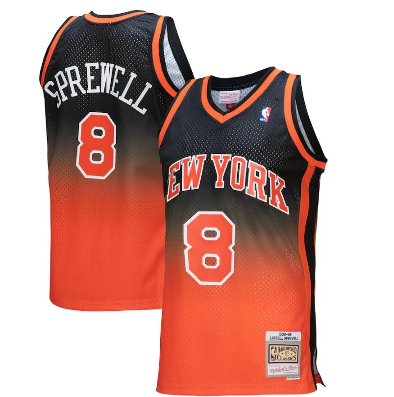 Men's Mitchell & Ness Latrell Sprewell Blue/Orange New York Knicks Hardwood Classics 1998/99 Split Swingman Jersey Size: Small