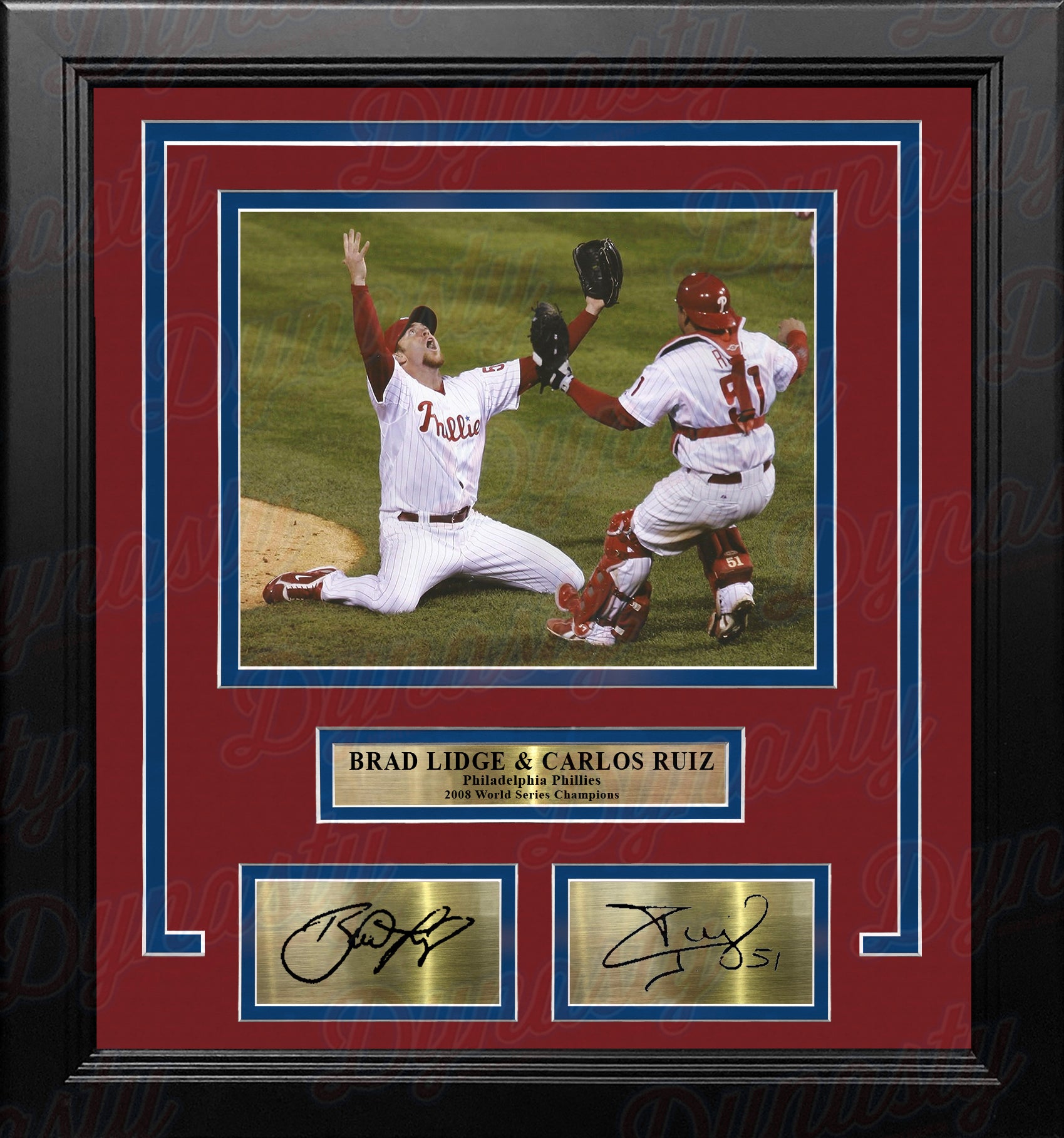 Brad Lidge & Carlos Ruiz 2008 World Series Last Out Celebration  Philadelphia Phillies Framed Baseball Photo with Engraved Autographs