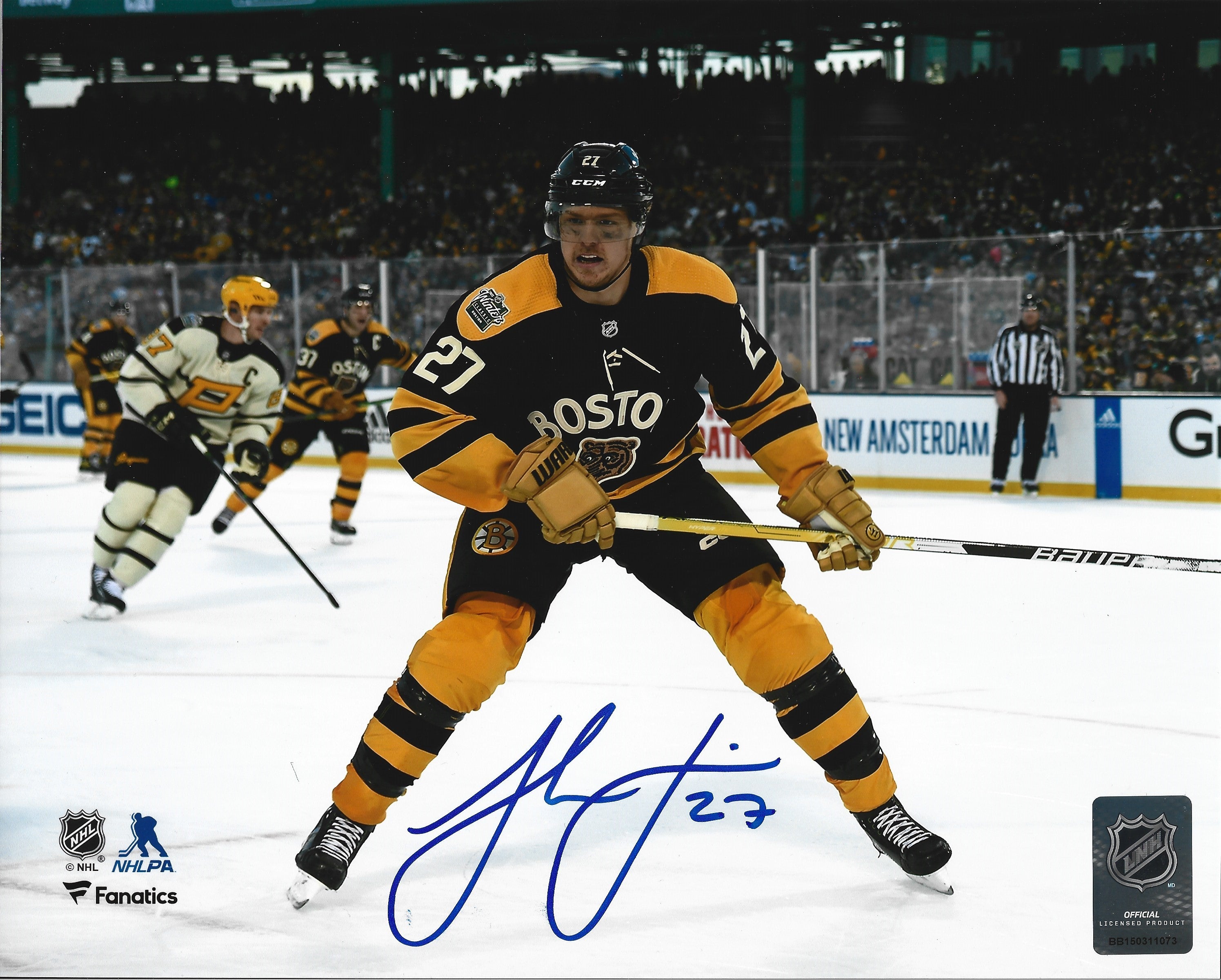 Hampus Lindholm 2023 Winter Classic Fenway Park Green Monster Boston Bruins Autographed Hockey Photo