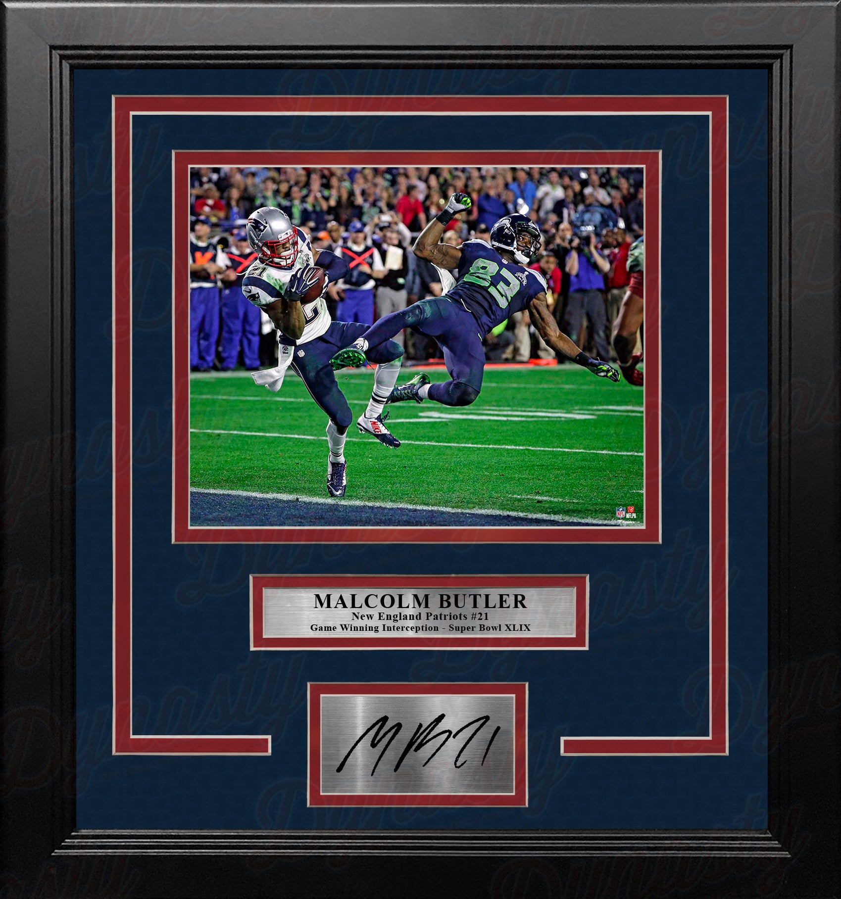 Malcolm Butler Super Bowl Interception New England Patriots 8x10 Framed Photo and Engraved Autograph - Dynasty Sports & Framing 