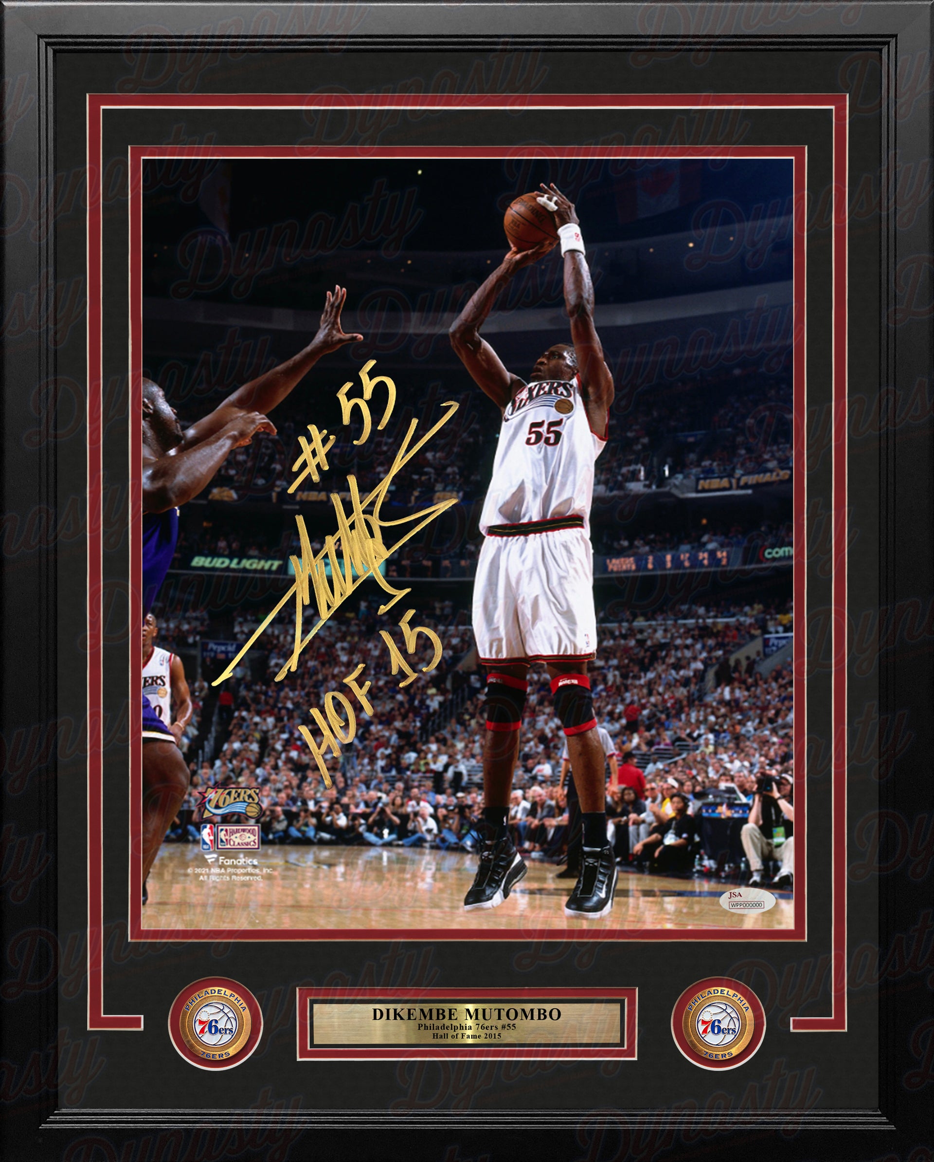 Dikembe Mutombo v Shaq Philadelphia 76ers Autographed Framed Basketball Photo Inscribed Hall of Fame - Dynasty Sports & Framing