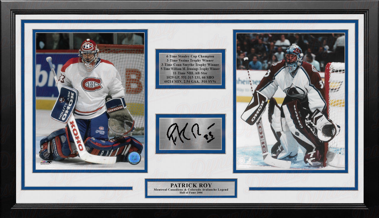 Patrick Roy Framed Hockey Photo Collage with Career Stats & Engraved Autograph - Dynasty Sports & Framing 