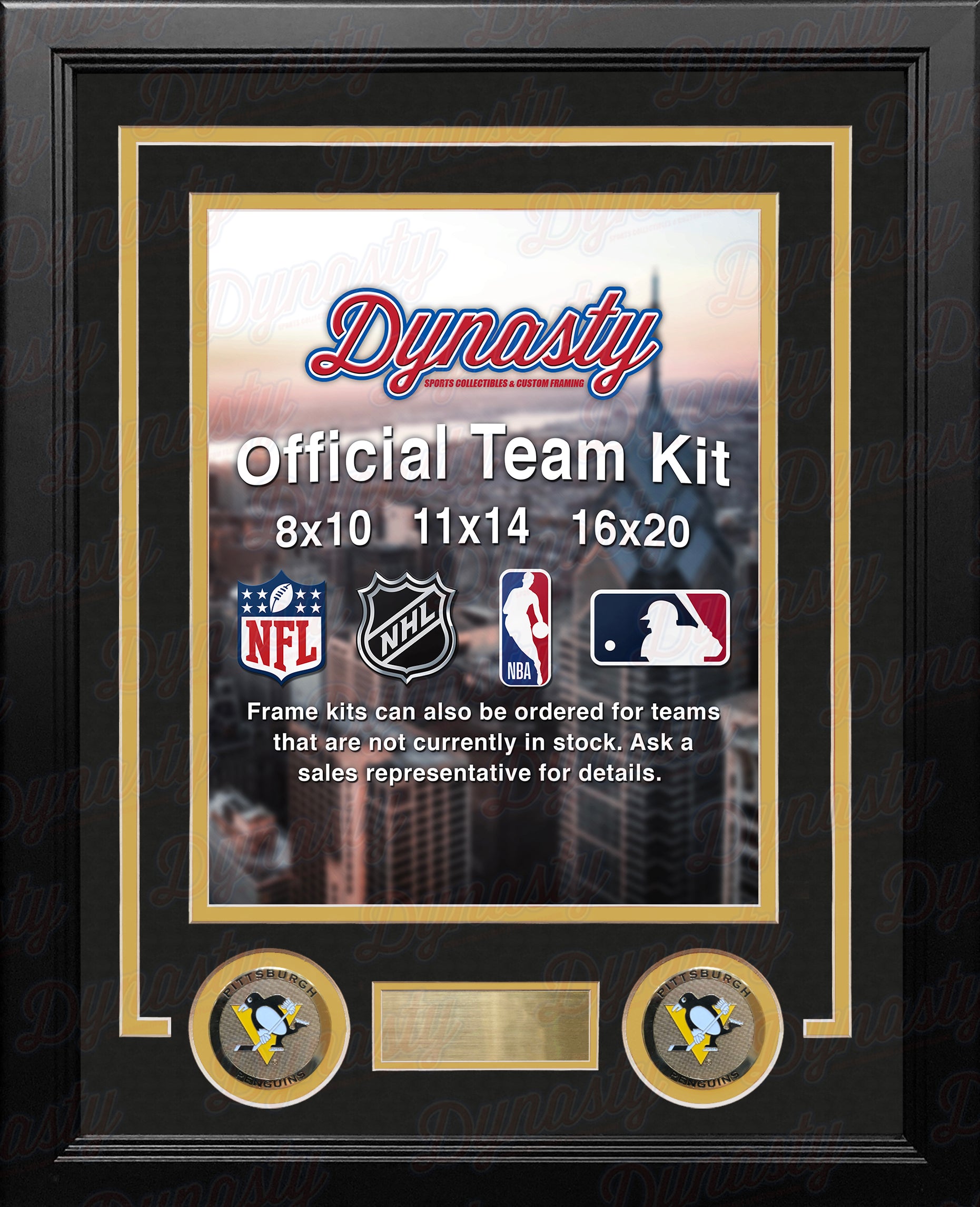 NHL Hockey Photo Picture Frame Kit - Pittsburgh Penguins (Black Matting, Yellow Trim) - Dynasty Sports & Framing