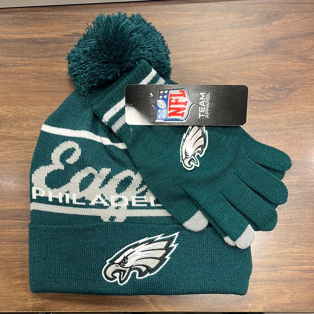 Philadelphia Eagles Cursive Word Mark Cuffed Pom Knit Beanie and Gloves Set