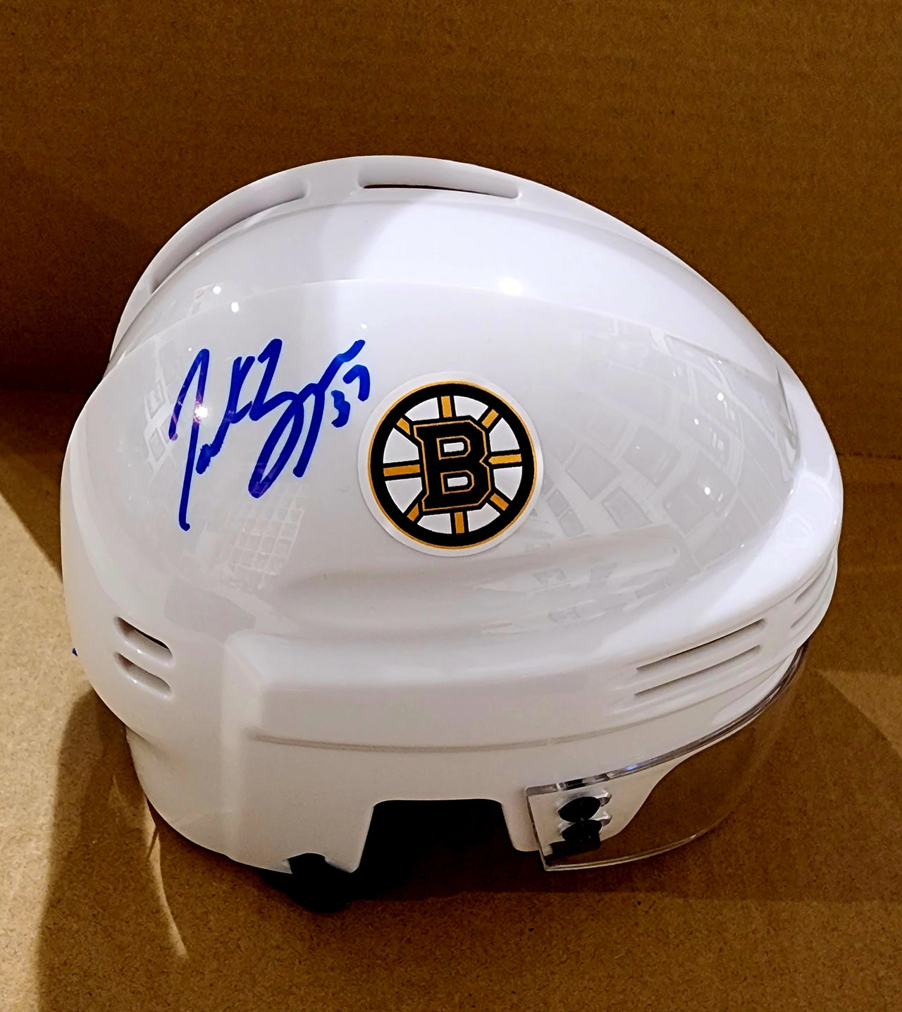 Patrice Bergeron Boston Bruins Autographed White Mini-Helmet