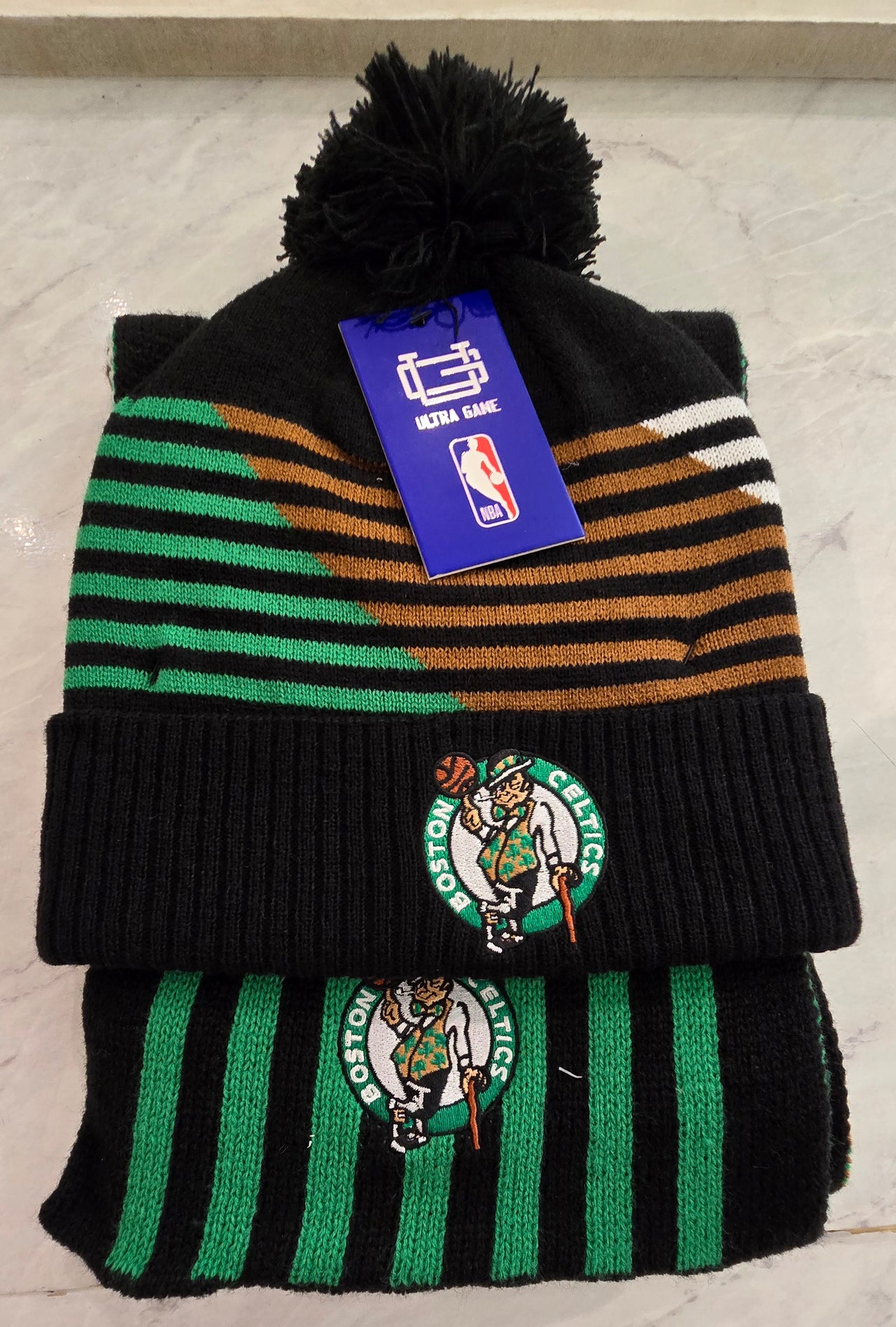 Boston Celtics Premium Winter Scarf and Pom Knit Hat Set-Embroidered