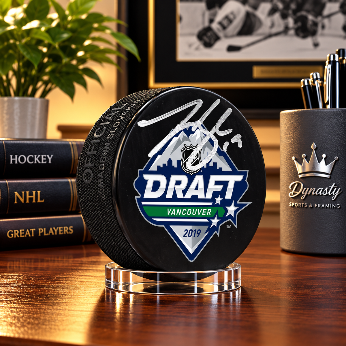 Johnny Beecher Autographed Boston Bruins 2019 Draft Hockey Logo Puck - Silver Signature