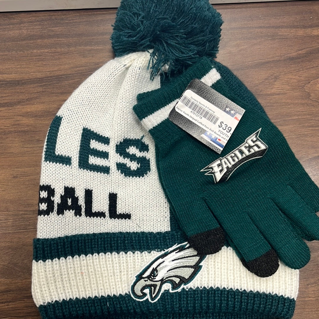 Philadelphia Eagles Youth Dual-Color Cuffed Pom Knit Beanie and Gloves Set