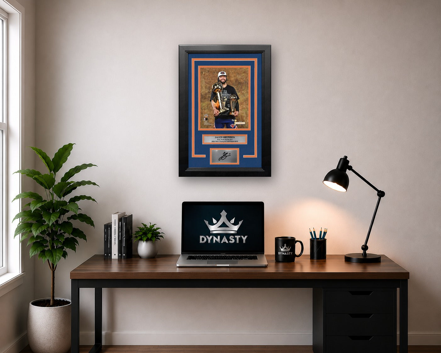 Jalen Brunson Trophies New York Knicks 8x10 2026 NBA Champions Framed Photo with Engraved Autograph