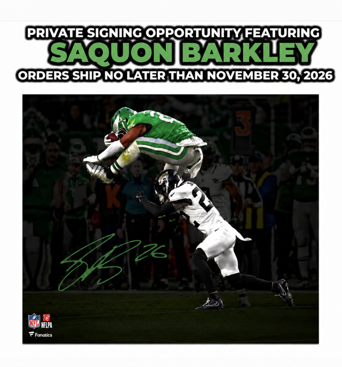 Saquon Barkley Autographed Reverse Hurdle Blackout Photo | Pre-Sale Opportunity