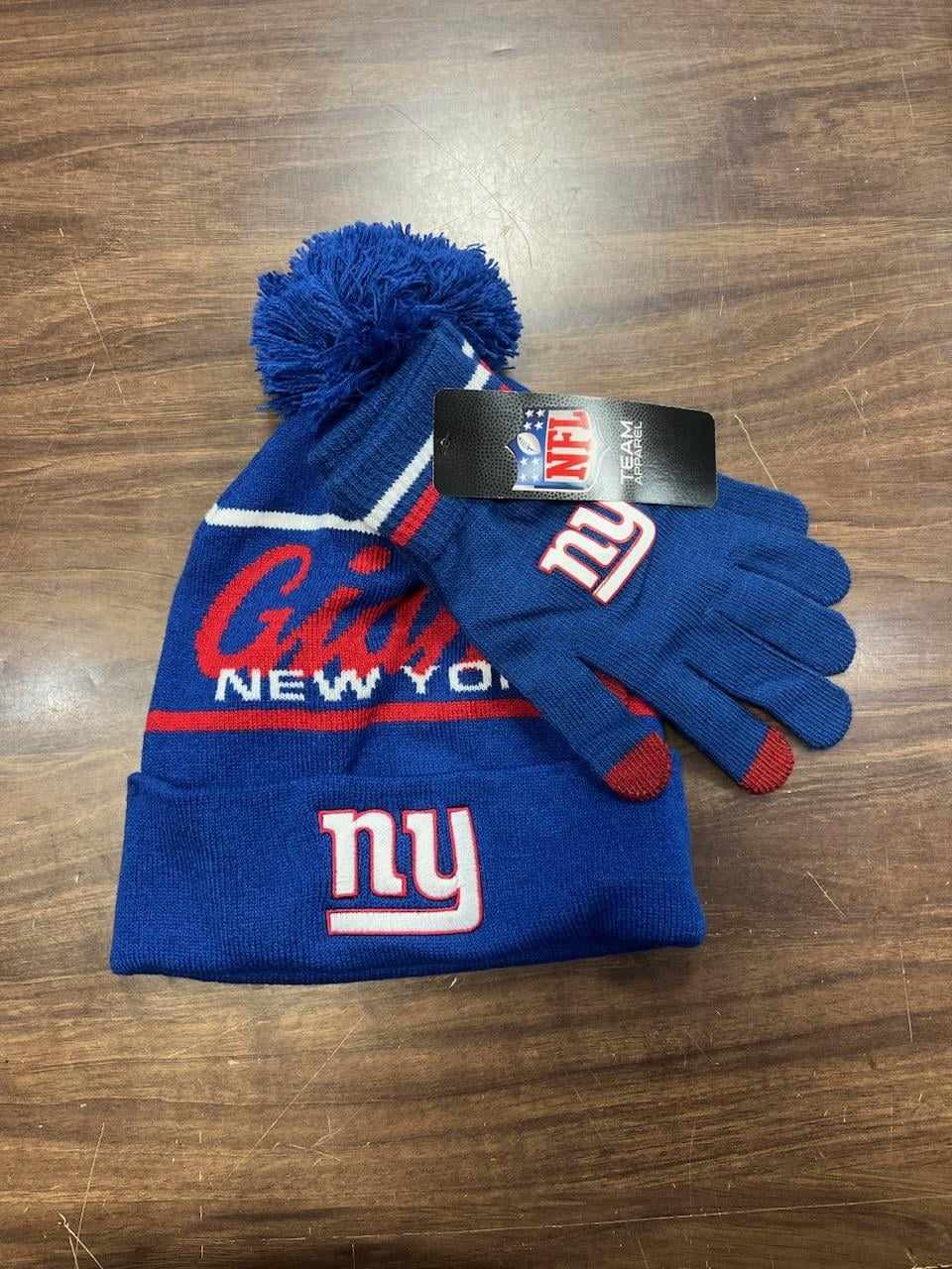 New York Giants Cursive Word Mark Cuffed Pom Knit Beanie and Gloves Set