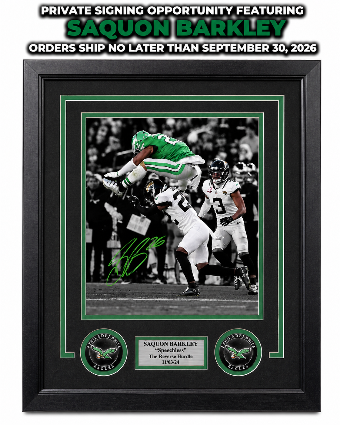 Saquon Barkley Autographed Reverse Hurdle Framed Photo | Pre-Sale Opportunity
