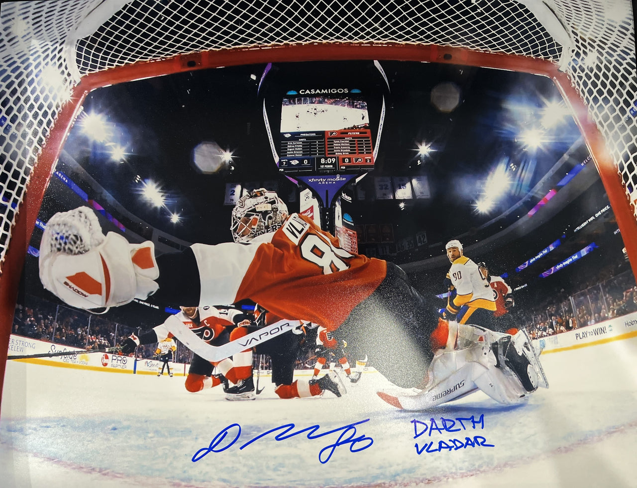 Dan Vladar Philadelphia Flyers Diving Save Autographed 16" x 20" Hockey Photo Inscribed Darth Vladar