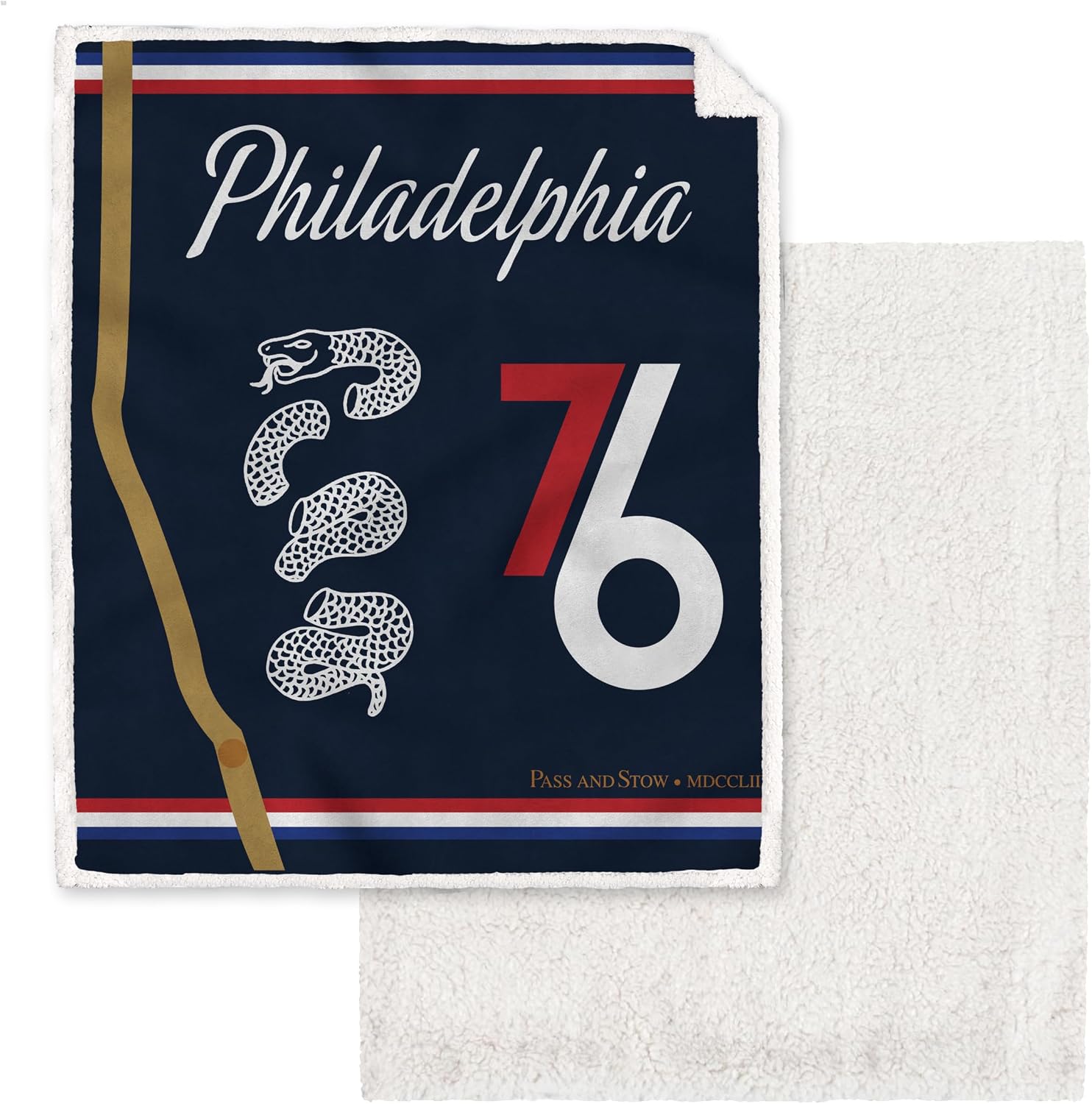 Philadelphia 76ers themed throw blanket featuring a navy blue front with white script 'Philadelphia', a red and white '76', snake graphics, and a gold vertical stripe, shown with a white sherpa backing.