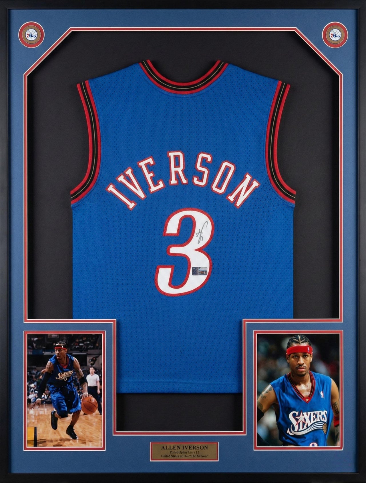 Allen Iverson Philadelphia 76ers Autographed Framed Blue Mitchell & Ness Basketball Jersey