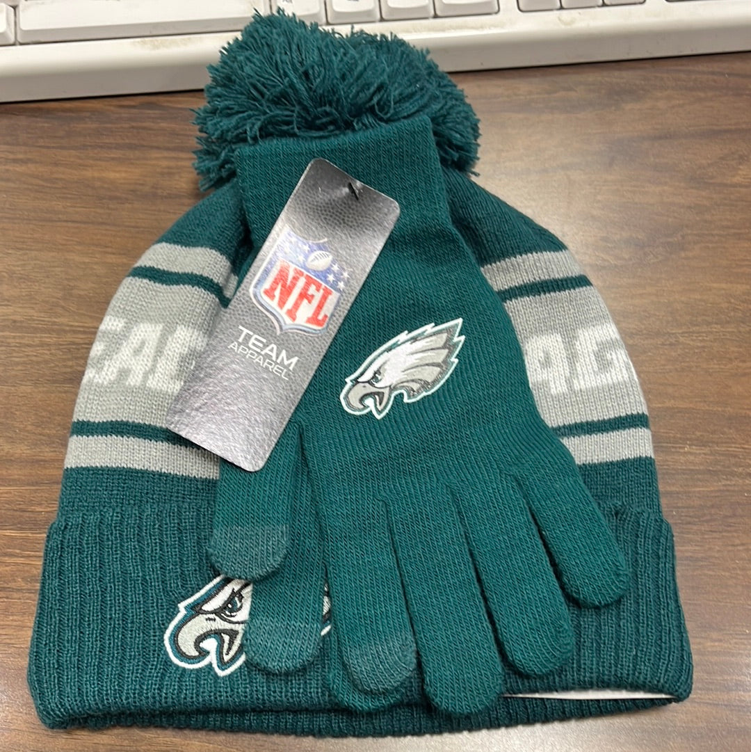 Philadelphia Eagles Gray Word Mark Cuffed Pom Knit Beanie and Gloves Set