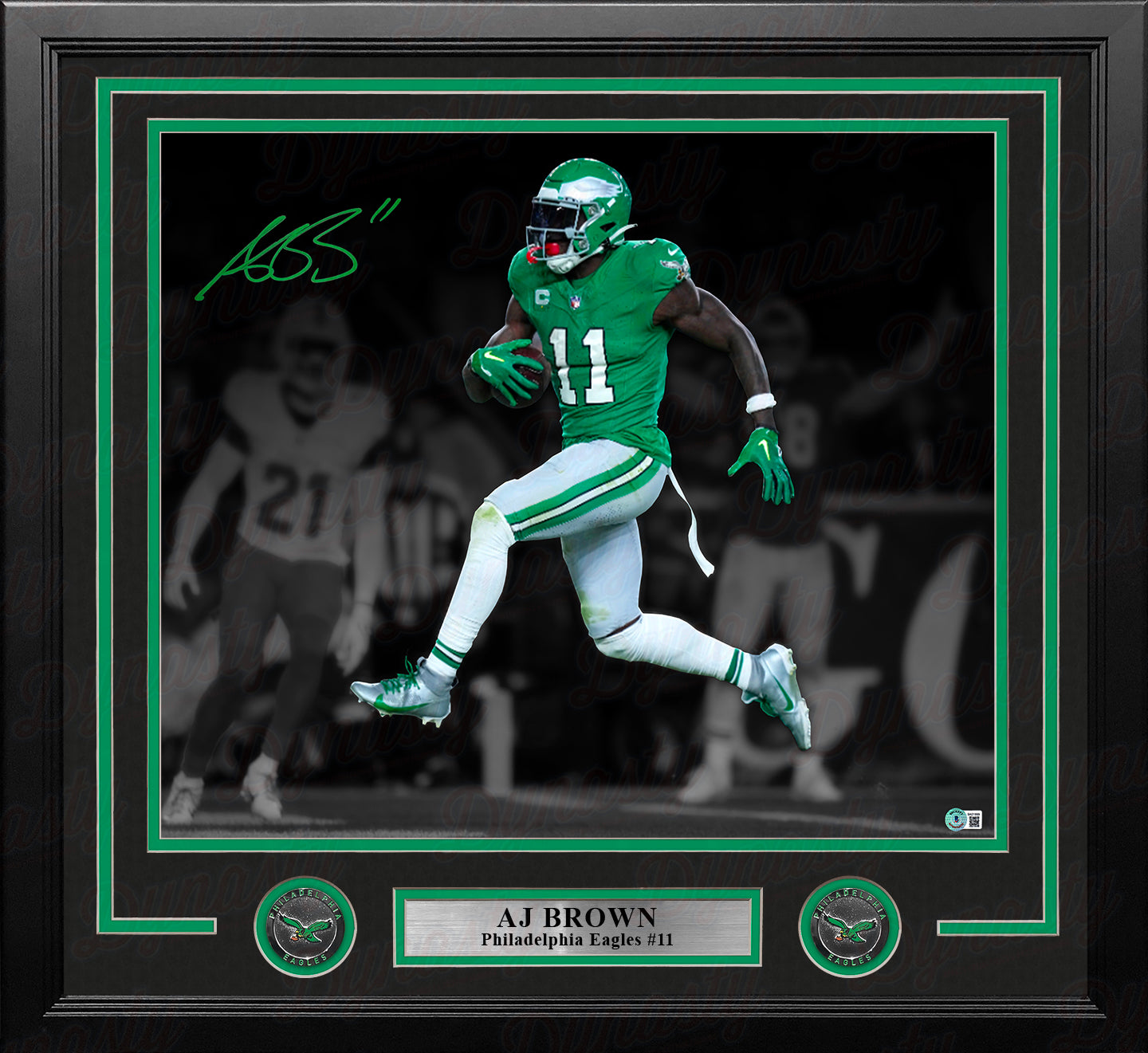 AJ Brown Philadelphia Eagles Autographed 16" x 20  Framed Kelly Green Blackout Football Photo