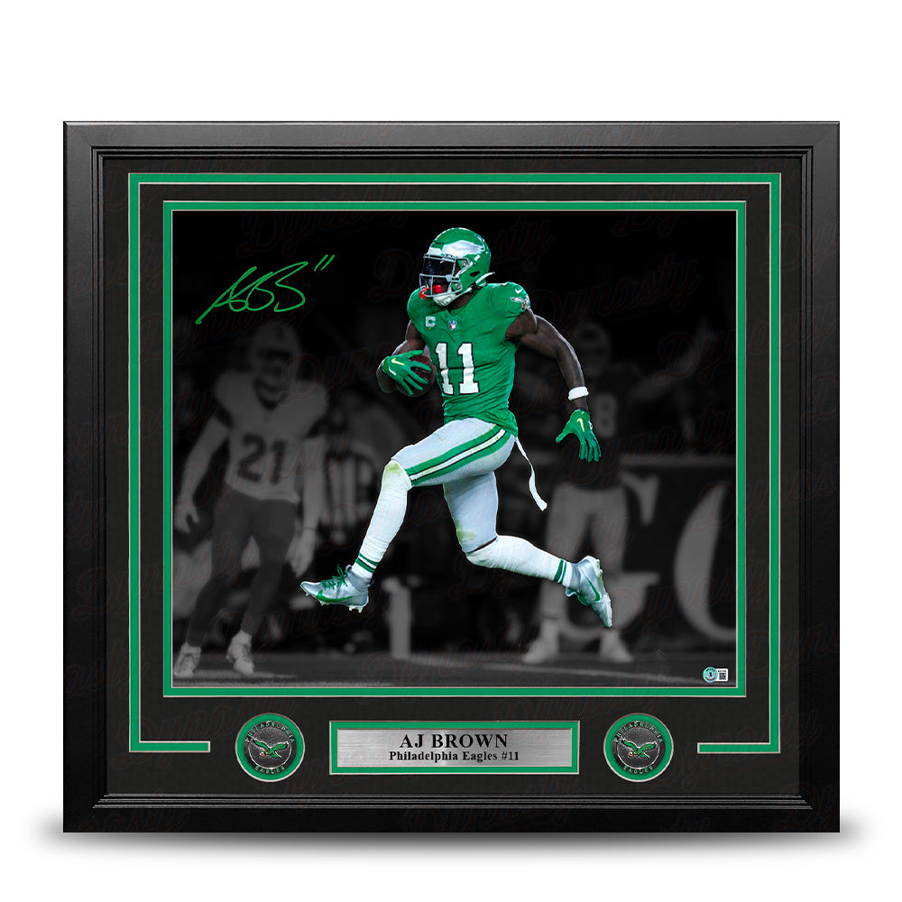 AJ Brown Philadelphia Eagles Autographed 16" x 20  Framed Kelly Green Blackout Football Photo