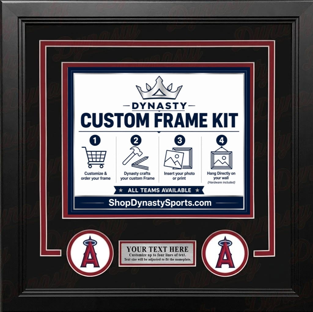 Los Angeles Angels Custom MLB Baseball Picture Frame Kit with Black Matting, Red Trim, a Silver Nameplate, and Angels logos