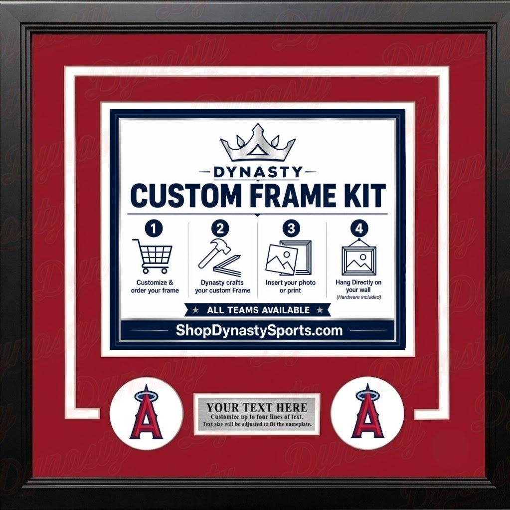 Los Angeles Angels Custom MLB Baseball Picture Frame Kit with Red Matting, White Trim, a Silver Nameplate, and Angels logos